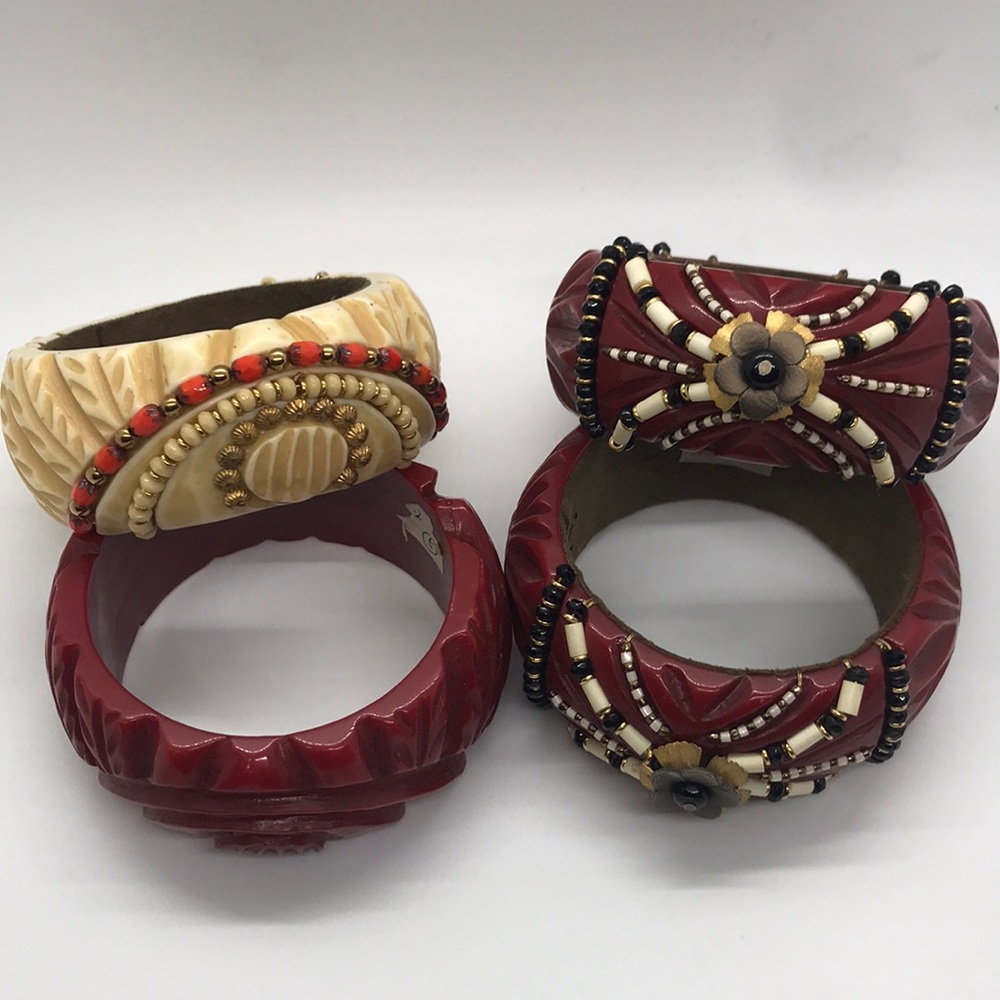 Miriam Haskell Carved Beaded Resin Bangle Lot of 4 - Picture 3 of 15